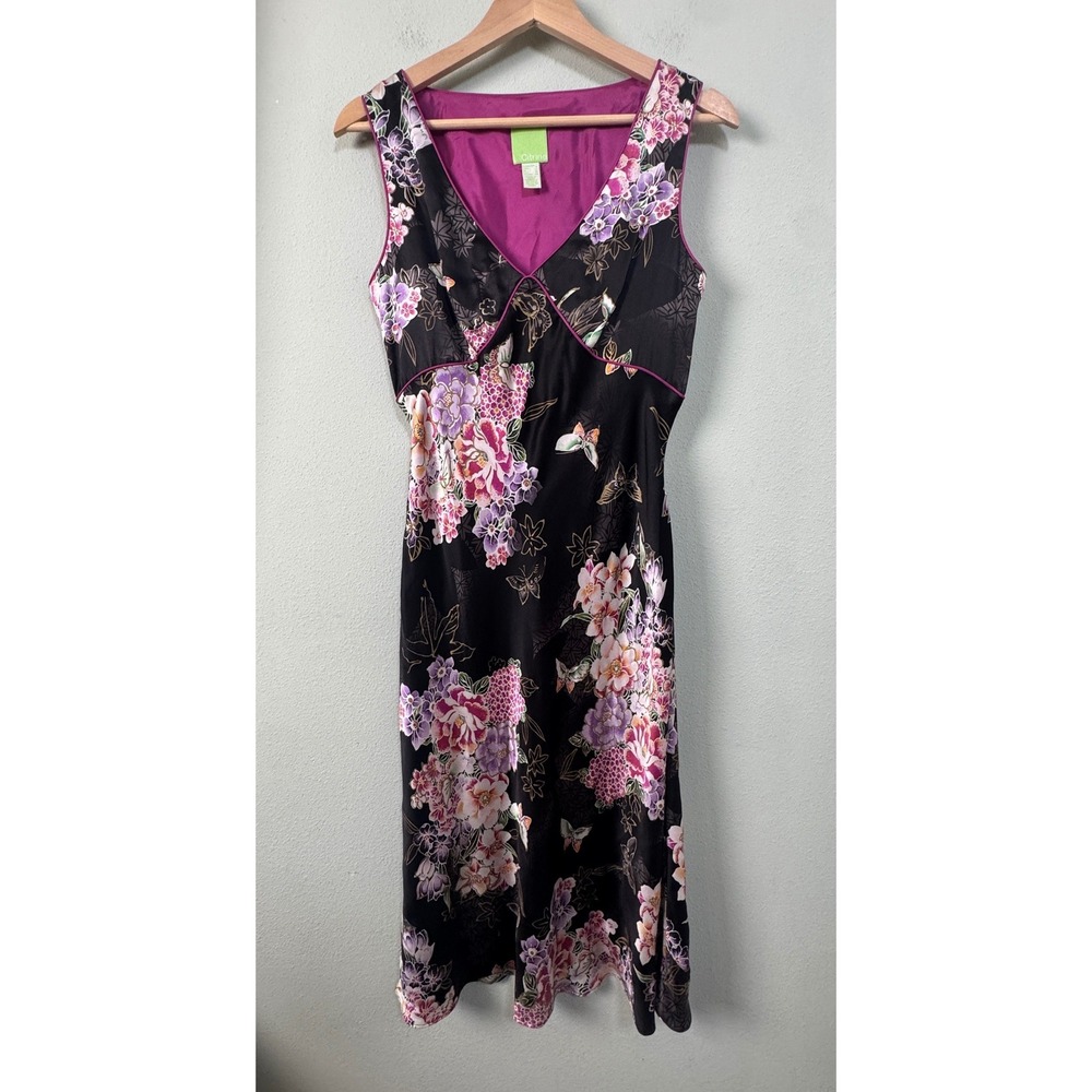 Citrine 100% Silk Floral Butterfly Slip Dress Black Pink Y2K Midi Size 8